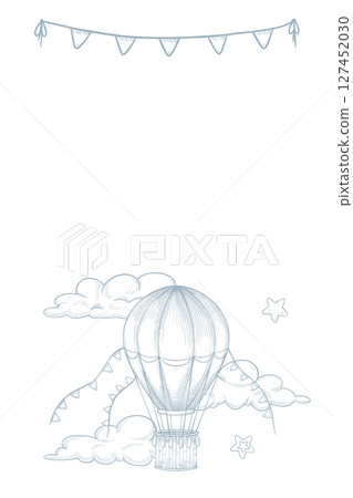 Vertical vector illustration of a vintage hot air Balloon among clouds and garlands. Linear drawing of vintage Airship with stars for Baby Posters in pastel blue colors. Outline art of retro Aerostat. 127452030