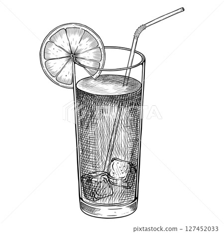 Hand drawn vector illustration of a cold Citrus Drink in a tall Glass with ice, Lemon slice, and straw. Linear drawing of orange cocktail for menu design, summer recipes, or bar branding. 127452033