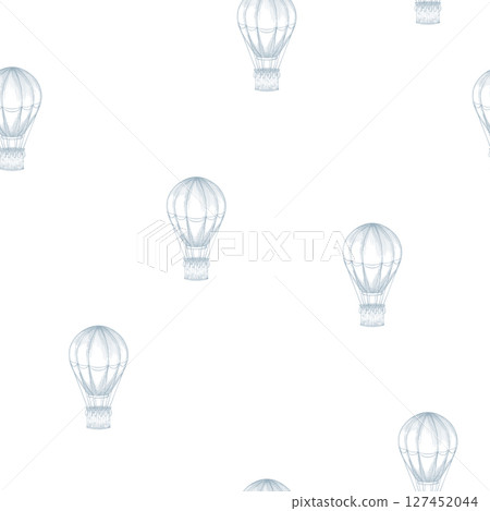Seamless vector Pattern with illustrations of hot air Balloons. Linear background with aerostats for childish wrapping paper, nursery wallpaper or baby textile design. Outline etching with airships. Seamless vector Pattern with illustrations of hot air Balloons. Linear background with aerostats for childish wrapping paper, nursery wallpaper or baby textile design. Outline etching with airships. 127452044