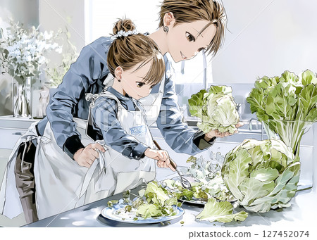 Illustration material of a child serving food with his mother 127452074