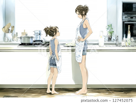 孩子穿著和媽媽一樣的圍裙的插圖素材 127452075