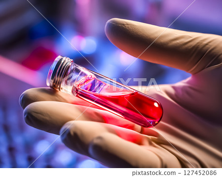 一隻手握住裝有人造血液的試管的圖像 一隻手握住裝有人造血液的試管的圖像 127452086