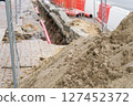 Road repairs, pipe, pile of sand. Red and white plastic barriers blocking the road. 127452372