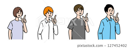 A man and woman smiling and pointing their fingers up in the "point" sign 127452402