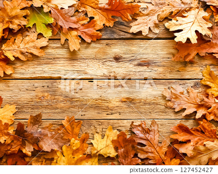 落葉放置在木板上的圖像素材 127452427