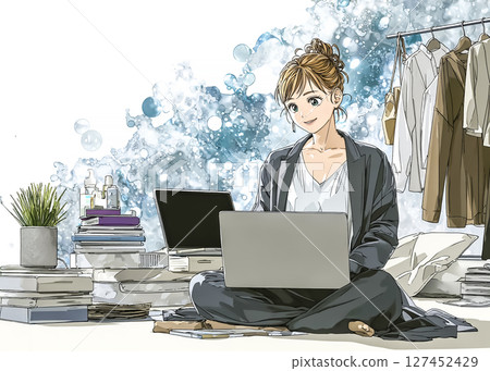 Illustration material of a female college student studying with an AI tutor Illustration material of a female college student studying with an AI tutor 127452429