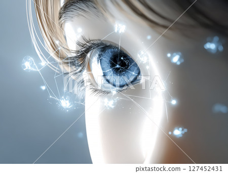 Illustration material of a woman's eyes looking at a holographic display screen 127452431