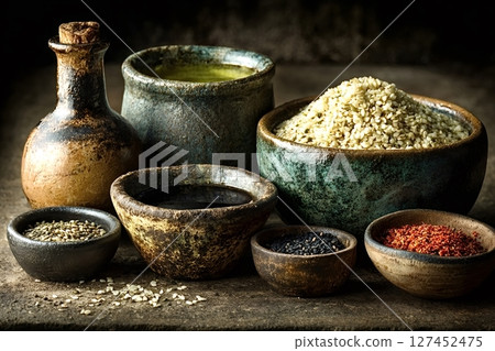 Sesame seeds, oil, paste, and spices in rustic bowls 127452475