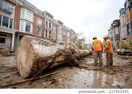 Emergency workers inspecting a large fallen tree after a natural disaster 127452501