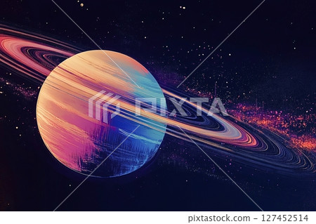 Colorful gas giant planet with rings orbiting in space 127452514