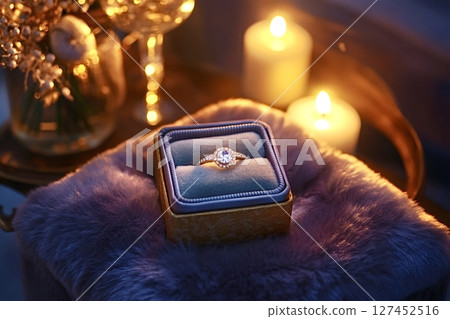 Engagement ring sparkling in romantic candlelight setting 127452516