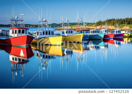 Colorful fishing boats reflecting in calm water at peggy's cove, nova scotia Colorful fishing boats reflecting in calm water at peggy's cove, nova scotia 127452520