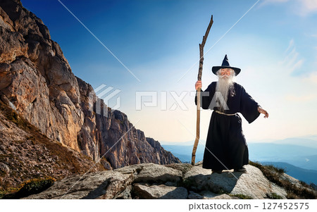 Generative AI Illustration Wizard on A Mountain Trail 127452575