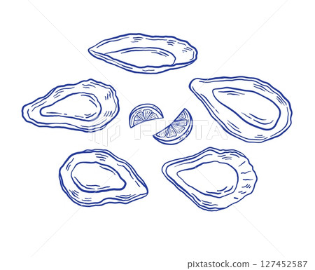 Set of hand drawn oyster with lemon vector illustration. Seafood mussel delicacy isolated on white background. La dolce vita Italian style. Set of hand drawn oyster with lemon vector illustration. Seafood mussel delicacy isolated on white background. La dolce vita Italian style. 127452587