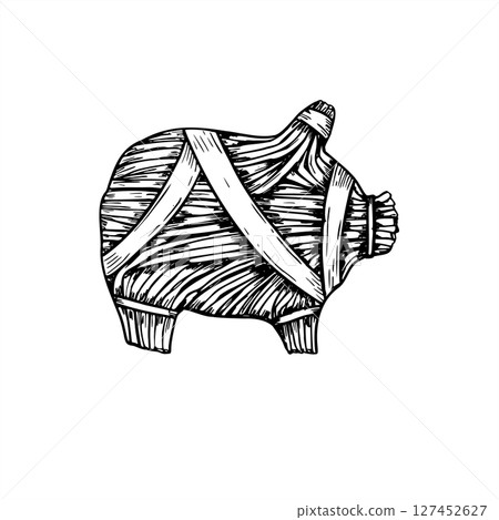 Scandinavian straw pig with festive ribbons monochrome vector illustration. Julgrise line art black ink sketch for Nordic holiday packaging, Christmas rustic decor. Symbol of prosperity and luck. Scandinavian straw pig with festive ribbons monochrome vector illustration. Julgrise line art black ink sketch for Nordic holiday packaging, Christmas rustic decor. Symbol of prosperity and luck. 127452627