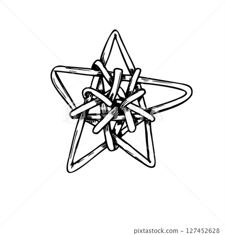 Black and white vector illustration of traditional woven willow star painted by black inks. Handcrafted wicker element for Scandinavian Christmas decor, eco friendly holiday, rustic wedding ornaments. Black and white vector illustration of traditional woven willow star painted by black inks. Handcrafted wicker element for Scandinavian Christmas decor, eco friendly holiday, rustic wedding ornaments. 127452628