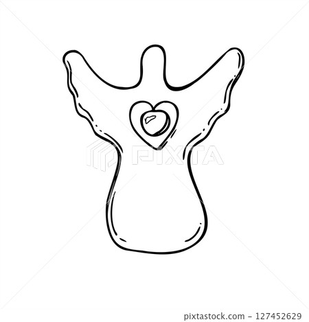 Handcrafted Christmas angel doll with central bell black and white vector illustration. Traditional Xmas wooden element line art sketch for decorations, festive packaging and rustic seasonal posters. Handcrafted Christmas angel doll with central bell black and white vector illustration. Traditional Xmas wooden element line art sketch for decorations, festive packaging and rustic seasonal posters. 127452629