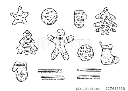 Monochrome vector set of Christmas gingerbread cookies with cinnamon sticks painted by black inks. Men, star, mitten, boot, tree etching drawing for holiday baking packaging, festive recipe book Monochrome vector set of Christmas gingerbread cookies with cinnamon sticks painted by black inks. Men, star, mitten, boot, tree etching drawing for holiday baking packaging, festive recipe book 127452630