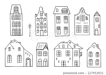Monochrome vector set of Gothic style European houses with architecture. Town silhouettes graphic sketch for fairy tale books, historical game assets, vintage Christmas decor, fantasy themed design. Monochrome vector set of Gothic style European houses with architecture. Town silhouettes graphic sketch for fairy tale books, historical game assets, vintage Christmas decor, fantasy themed design. 127452631
