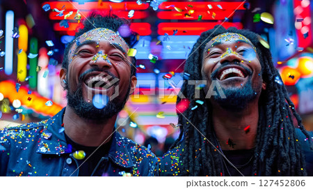 Two joyful men celebrating with confetti in vibrant urban nightlife atmosphere Two joyful men celebrating with confetti in vibrant urban nightlife atmosphere 127452806