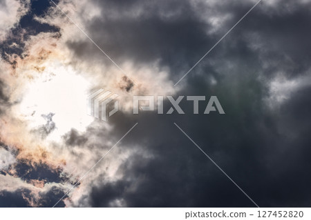 Bright sunlight pierces heavy storm clouds, forming a moody and textured sky with dynamic lighting Bright sunlight pierces heavy storm clouds, forming a moody and textured sky with dynamic lighting 127452820