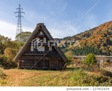 Autumn scene featuring a historic gassho-style farmhouse in Suganuma, Japan Autumn scene featuring a historic gassho-style farmhouse in Suganuma, Japan 127452834