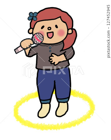 A girl singing karaoke alone, wearing a flower hairpin and holding her hand on her stomach A girl singing karaoke alone, wearing a flower hairpin and holding her hand on her stomach 127452945