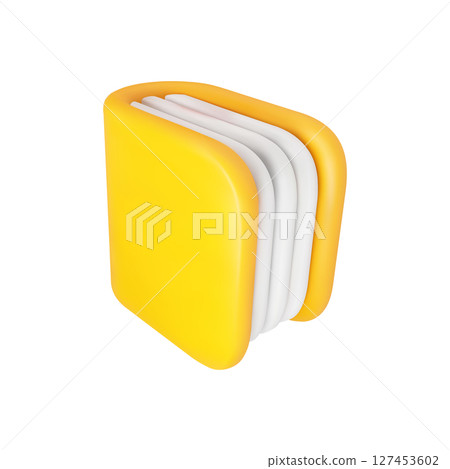 3D yellow book with white pages isolated on a white background. Yellow book cartoon icon. 3D yellow book with white pages isolated on a white background. Yellow book cartoon icon. 127453602