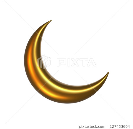 3D golden crescent moon icon with a shiny metallic surface, isolated on a white background. Glossy crescent symbolizing night, dreams, astronomy, spirituality, and celestial themes in modern digital 127453604