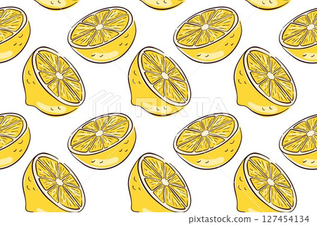 Seamless pattern of yellow lemon half with segments on a white background in flat style. Perfect for fresh citrus theme, summer design, kitchen decor and healthy food illustration. 127454134