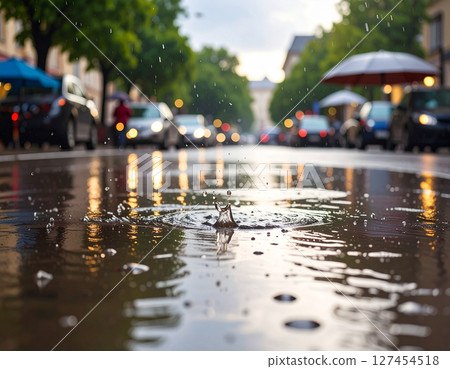 Raindrops reflecting on the road in the morning after rain, raindrops shining on the road on a rainy day 127454518