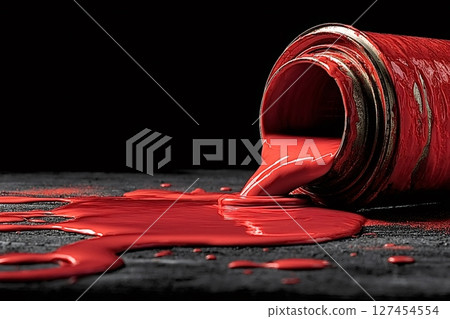 Red paint pouring from a metal can on a black surface 127454554
