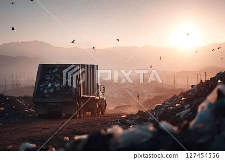 Garbage truck leaving landfill site at sunset with birds flying 127454556