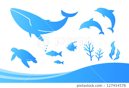 Vector illustration of blue ocean waves and sea creatures. Fish icons, frames, decorations, backgrounds. 127454576