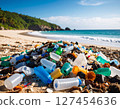 Ocean pollution with bottles and debris on shore 127454636