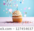 Festive cupcake with flame and colorful sprinkles decoration 127454637