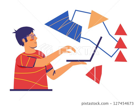 Creative mind. Businessman working at laptop. Geometric shapes. Innovation solution. Startup idea. Brainstorm and efficiency thinking. Corporate management strategy. Vector concept 127454673