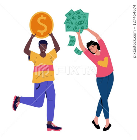 People with coins. Cartoon woman holding banknotes heap. Happy man carrying gold cash. Financial profit. Investment success. Money savings. Millionaire poses. Vector rich persons set 127454674
