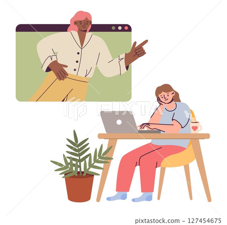 Online meeting. Girl sitting at desk with laptop, woman on monitor screen. Voice chat. Teacher internet lesson or webinar. Business communication. Vector cartoon isolated illustration 127454675