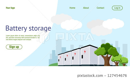 Power plant landing page. Batteries storage. Renewable green energy. Electricity generation. Website design template. Alternative powerhouse. Accumulator technology. Vector web background Power plant landing page. Batteries storage. Renewable green energy. Electricity generation. Website design template. Alternative powerhouse. Accumulator technology. Vector web background 127454676