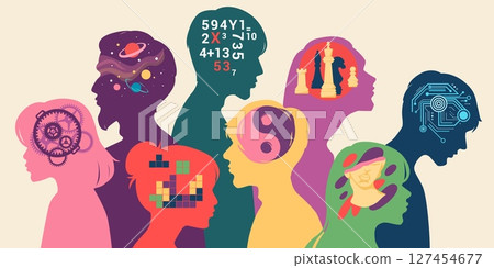Autism person. ADHD brain mindset. Neurological profile. Human head color silhouette. Creative talent people. Rational and logical thinking. Mental personality. Vector psychology concept 127454677
