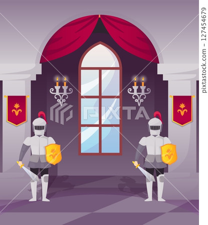 Medieval castle. Royal hall interior. Window and red curtains. Knights with armor and swords. historical dungeon corridor. Candlestick on wall. Fortress architecture. Vector kingdom scene 127454679