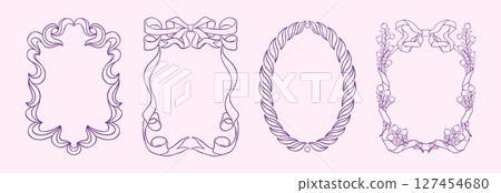 Ribbon frame set. Bow border, cute valentine hand drawn invite card or wedding party line menu, coquette aesthetic. Pink romantic design with botanical isolated luxury decor. Vector print 127454680