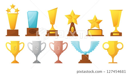 Winner cup. Glass golden and silver award. First second and bronze places prize. Winning ceremony isolated elements. Tournament and competition trophy. Vector cartoon isolated illustration 127454681