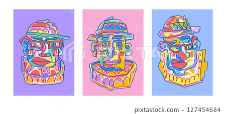 Abstract face. Art poster, design collage or creative modern portrait. Minimal people, doodle shape artwork. Colorful man in hat and glasses. Doodle avatars. Contemporary vector concept Abstract face. Art poster, design collage or creative modern portrait. Minimal people, doodle shape artwork. Colorful man in hat and glasses. Doodle avatars. Contemporary vector concept 127454684