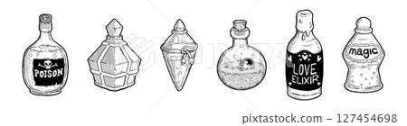 Poison bottle set. Magic vintage potion, alchemy love hand drawn jar or alchemist, chemistry science vial. Flasks love elixir. Vector cartoon art isolated sketch magical elements 127454698
