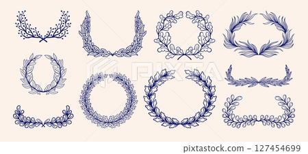 Floral design elements. Hipster vintage crown, hand drawn laurel wreath or nature leaves garland. Botanical branches round frames. Card design elements. Foliage bouquet vector trendy pattern 127454699