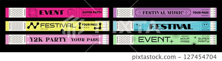 Concert ticket. Event bracelet pass. Cinema party sticker. Hand bracelet mockup with performance logo. Disco club show entrance. Aesthetic design stripes. Vector festival wristbands set Concert ticket. Event bracelet pass. Cinema party sticker. Hand bracelet mockup with performance logo. Disco club show entrance. Aesthetic design stripes. Vector festival wristbands set 127454704