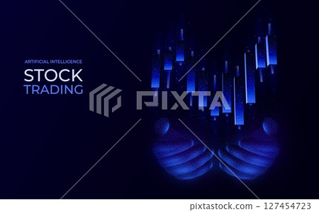 Forex trade. Stock data chart. Polygon hand and futuristic market fund exchange diagram. Finance technology. Investment infographic. Poly neon arms. Candlestick graph. Vector background 127454723