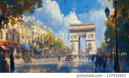 street scene triomphe background parisian painting 127454805